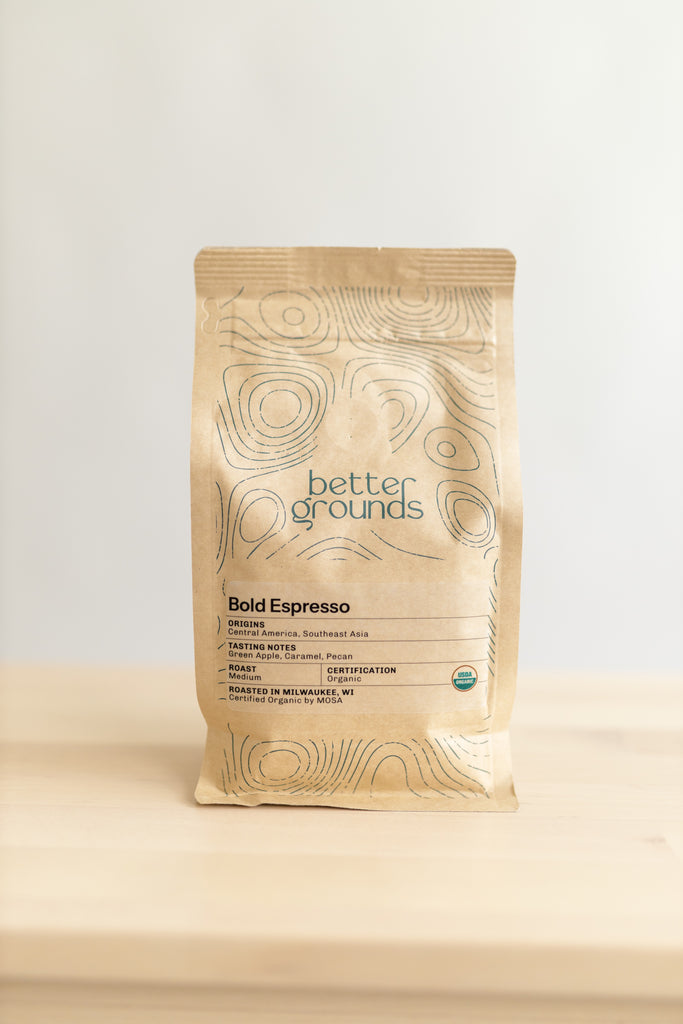 Bold Espresso medium roast coffee by Better Grounds, perfect for espresso machines